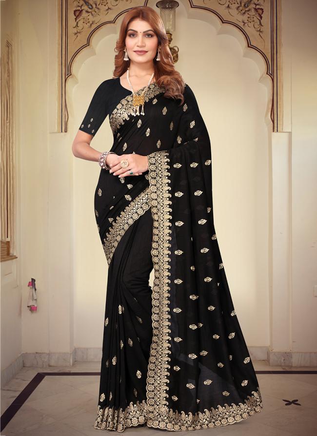 Vichitra Blooming Black Wedding Wear Embroidery Work Saree